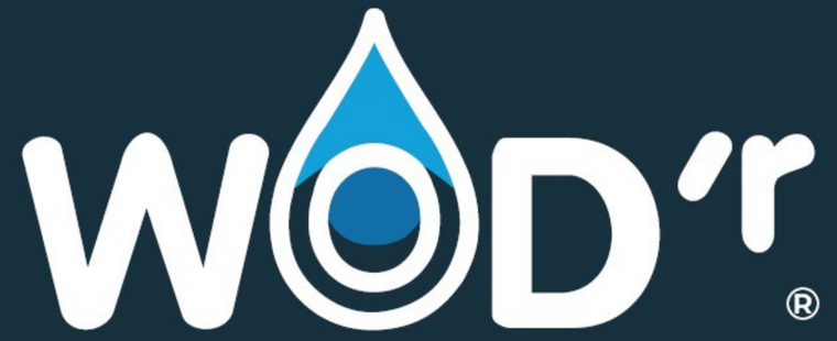 Logo of WOD'r with a blue droplet symbol on a dark blue background